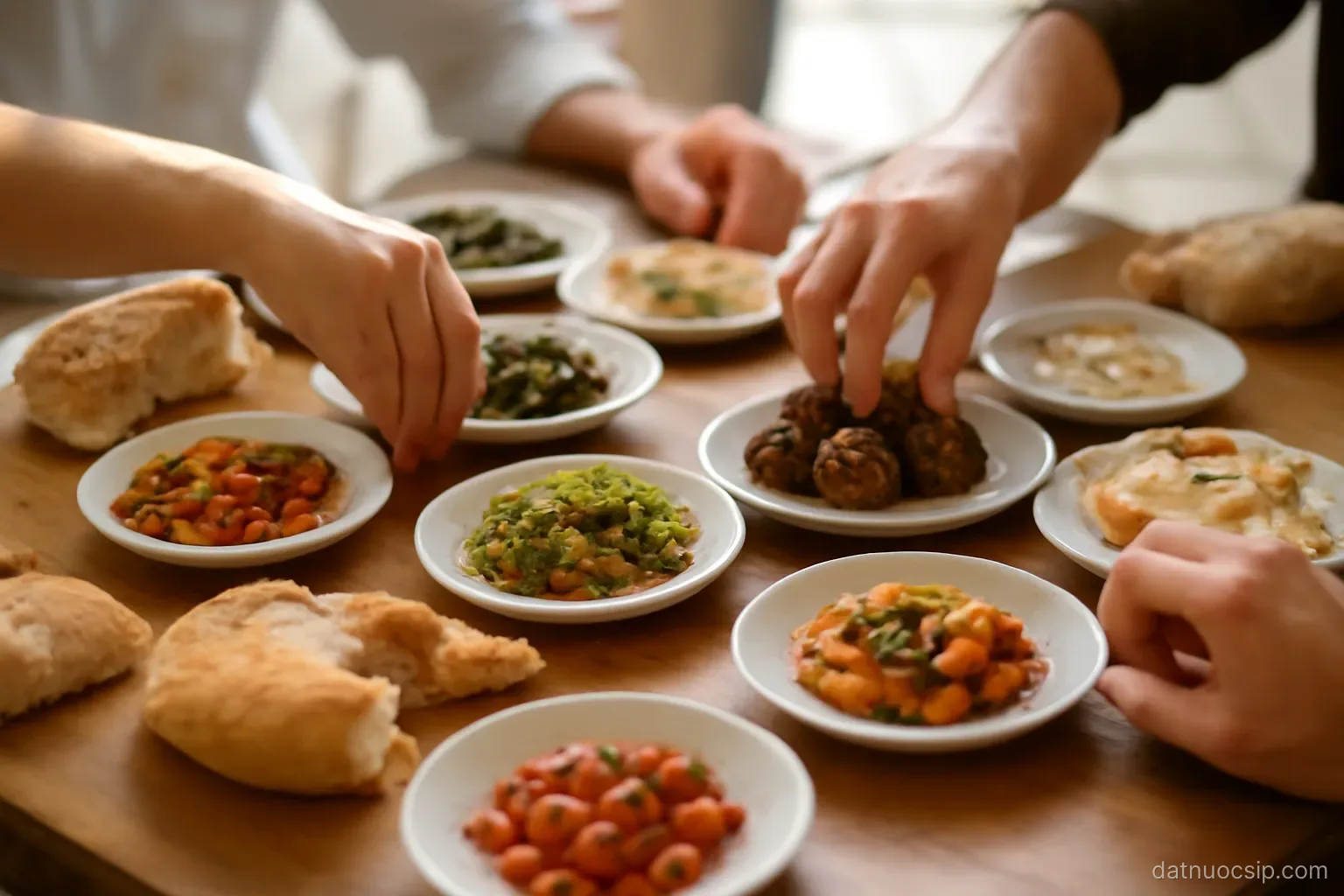 a table covered with many small plates of food and bread, hands reaching in, natural light