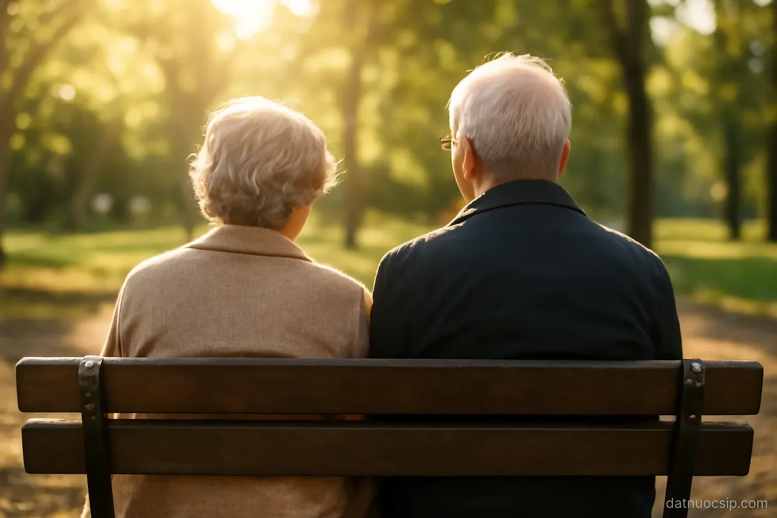 an elderly couple sitting on a bench in a park facing away, sunlight through trees