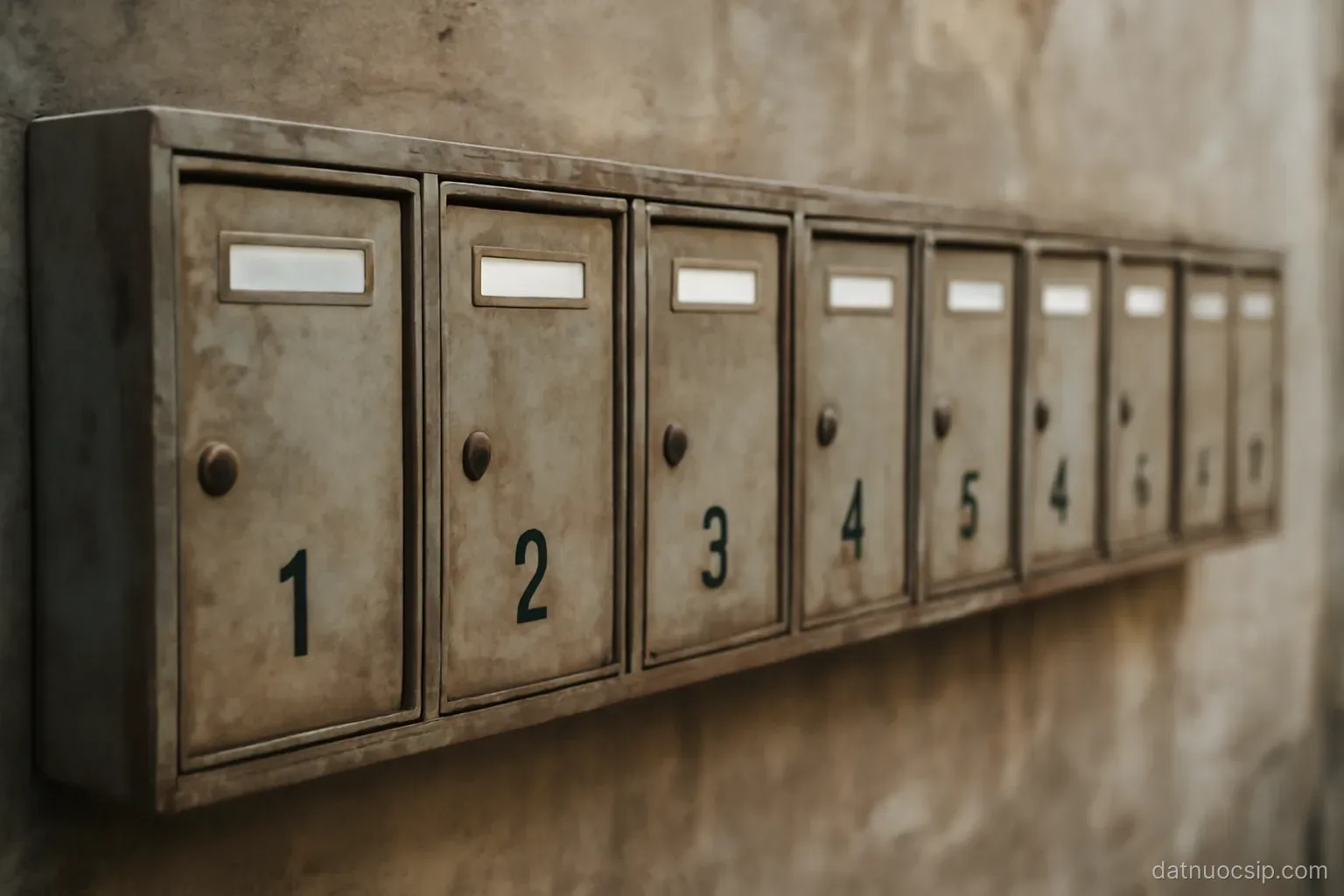 a row of numbered mailboxes on an apartment building wall, weathered metal