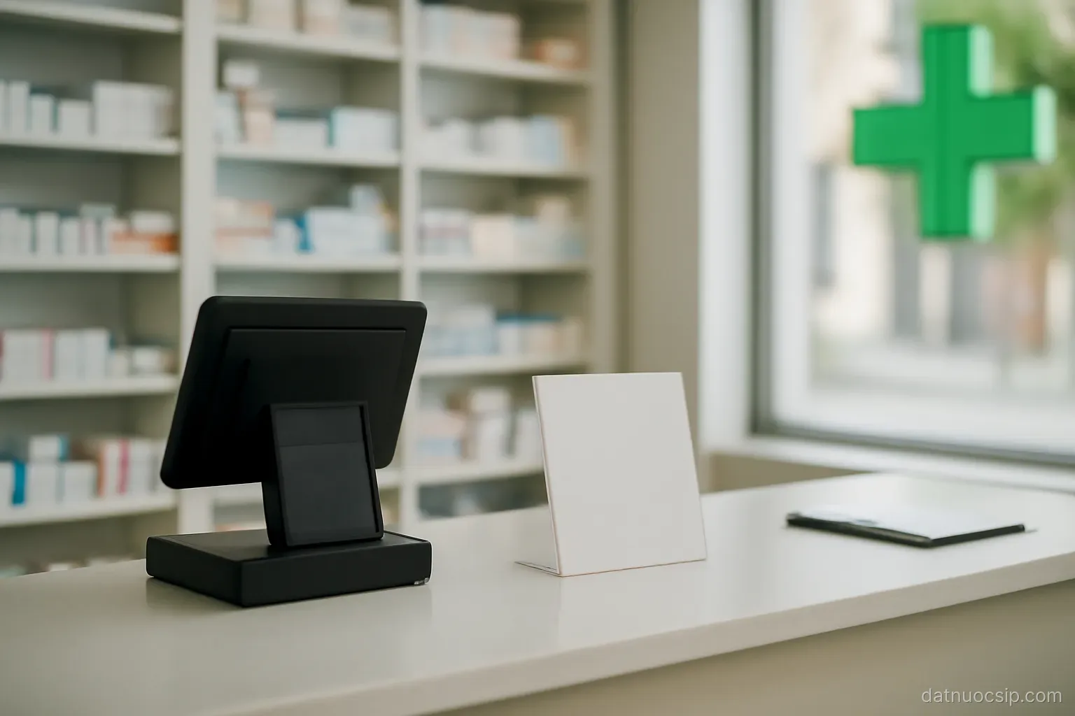 a pharmacy counter with shelves of boxes behind, a green cross sign outside the window