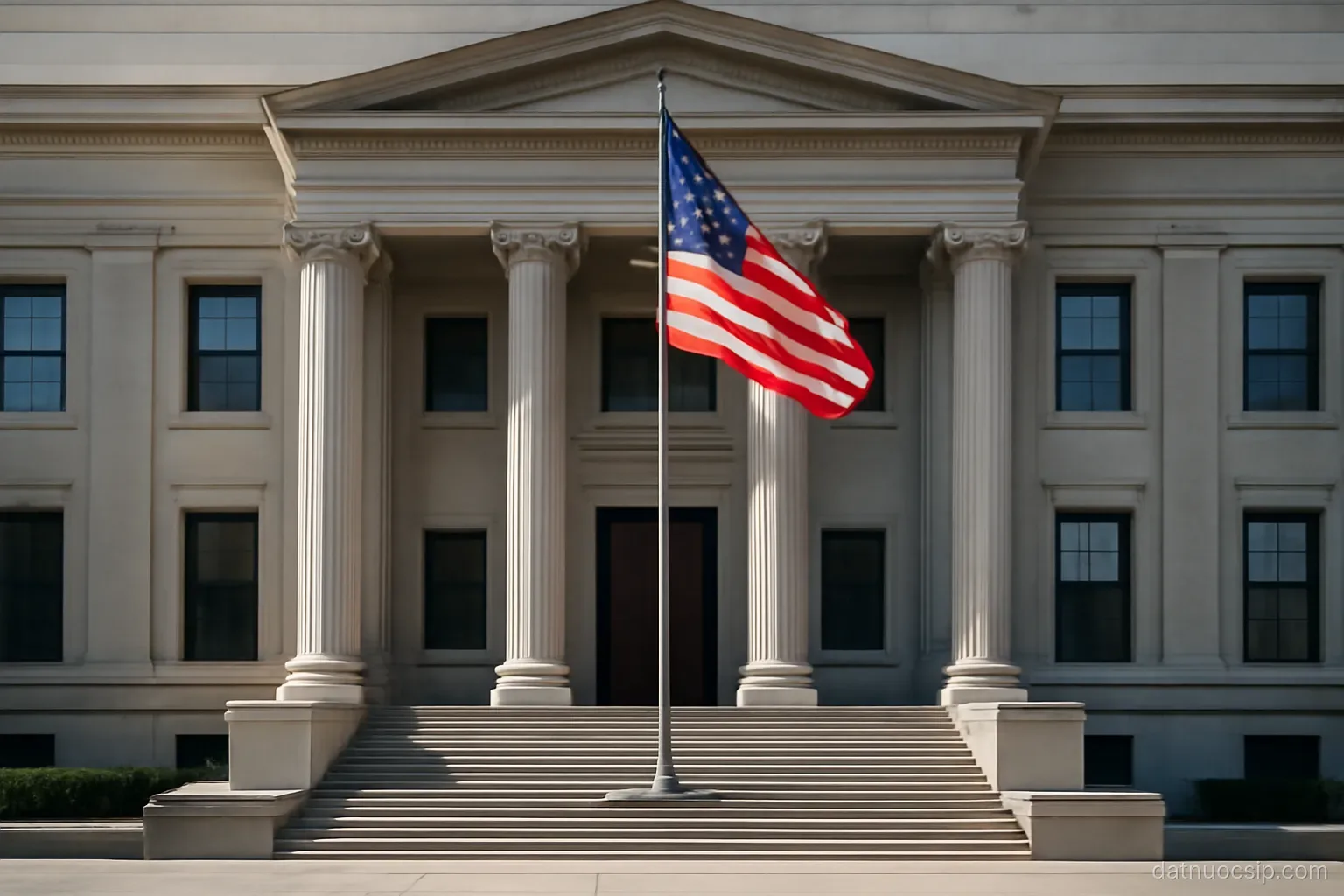 a formal government building facade with a flagpole and stone steps, midday light