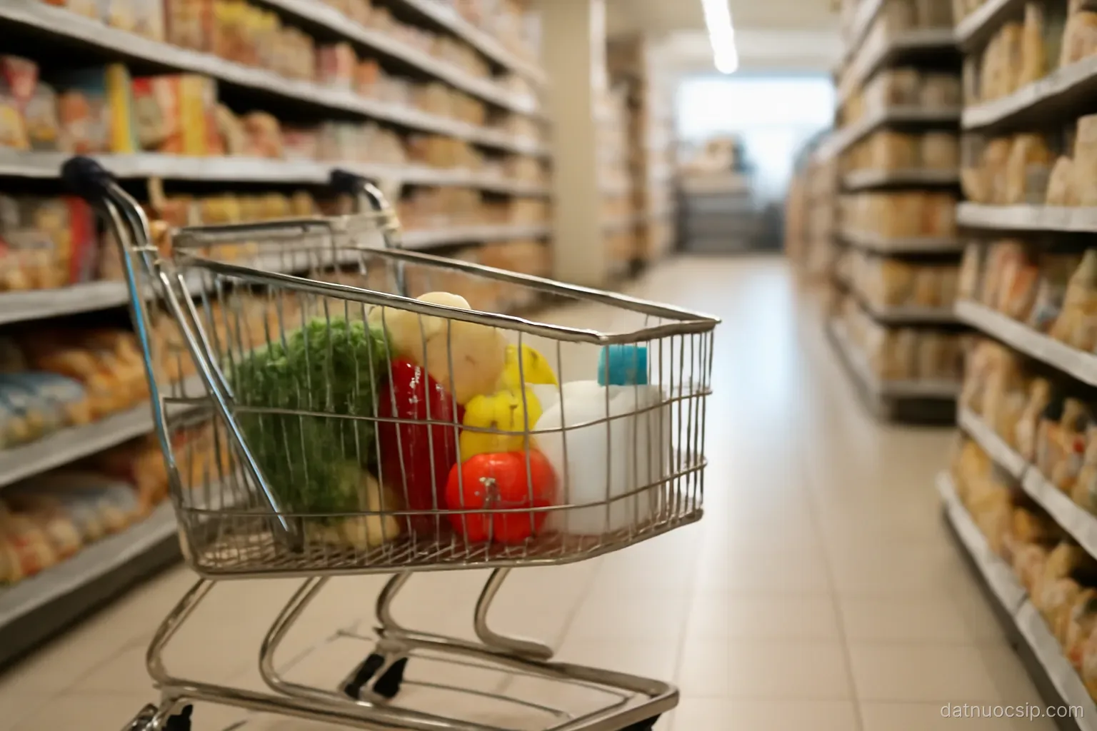 a supermarket trolley half full in an aisle with shelves of packaged goods, no text legible