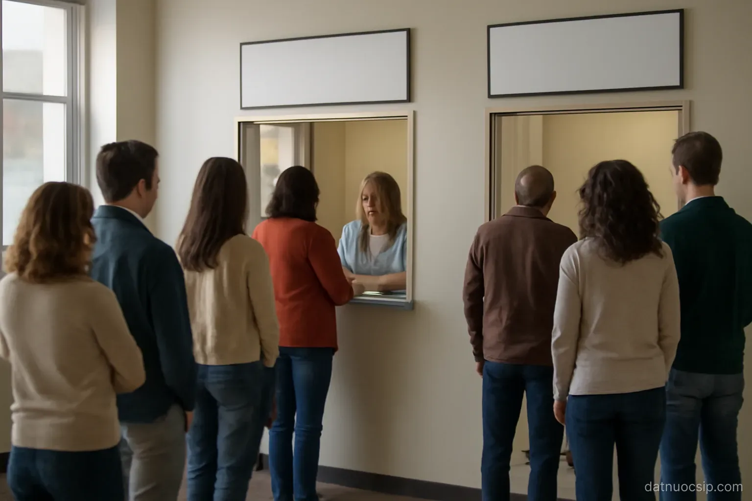 two queues of people waiting at different service windows in a public office