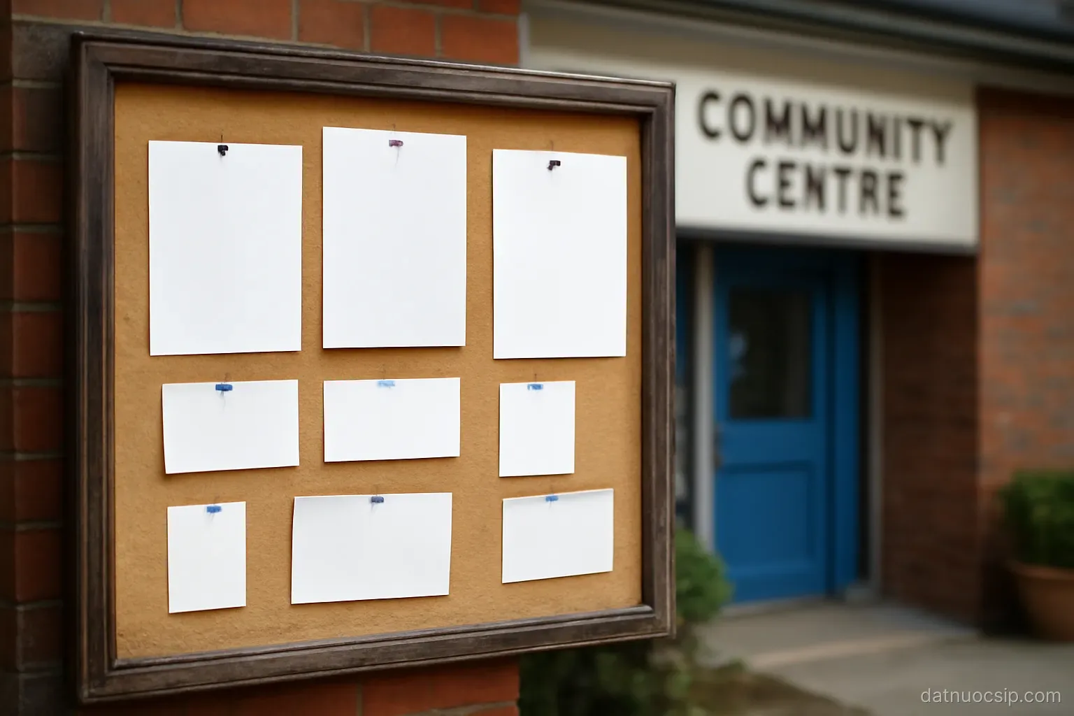 a noticeboard outside a community centre covered with pinned papers, no readable text