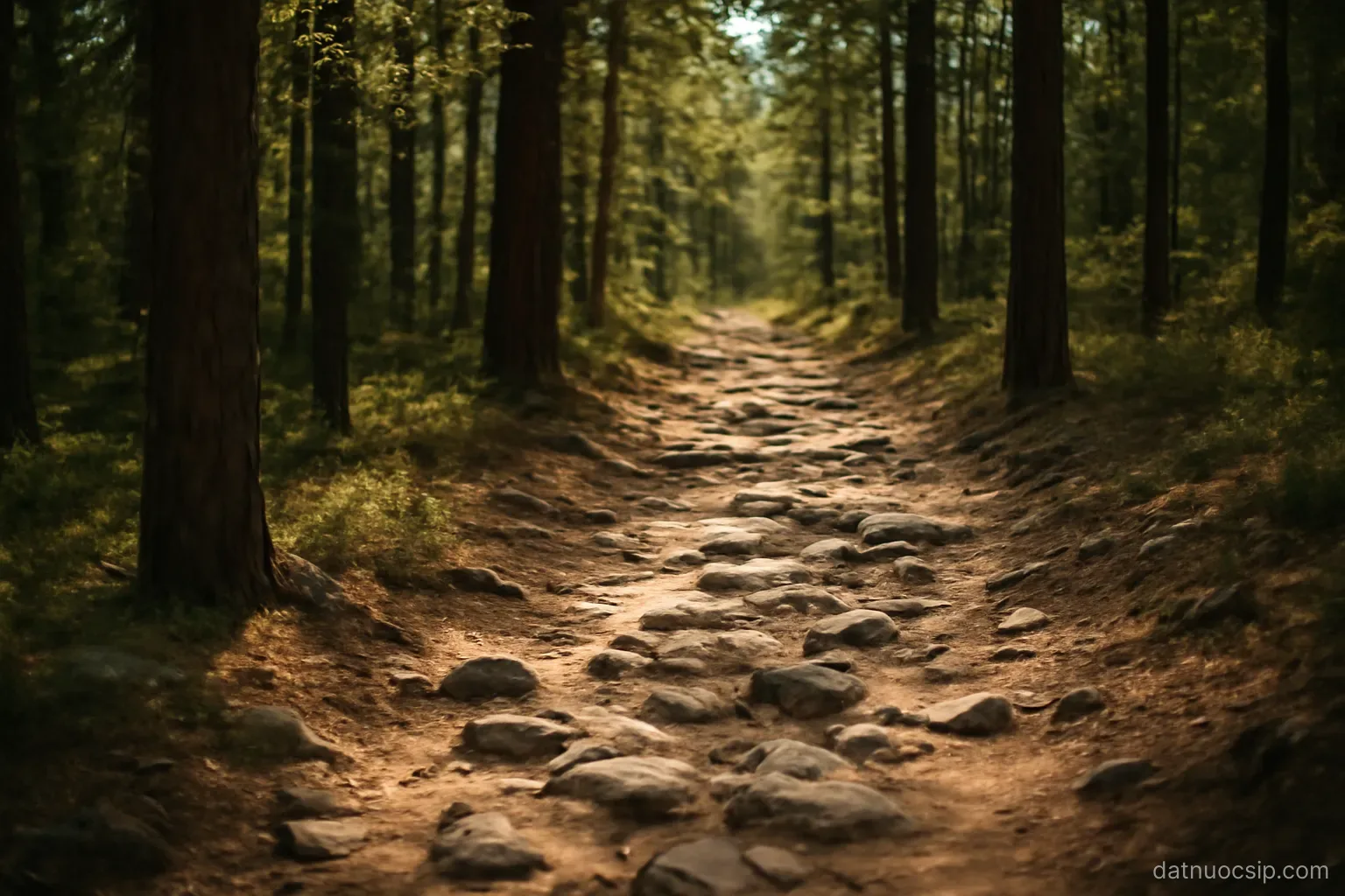a hiking trail through pine forest with a rocky path and dappled sunlight