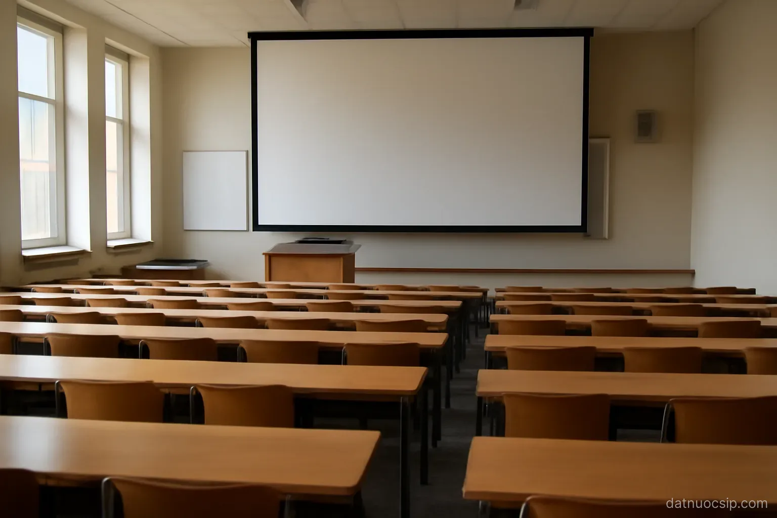 a university lecture hall with tiered seating, empty, projector screen blank