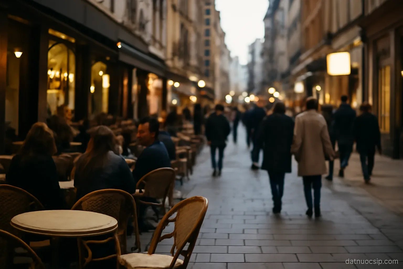 a busy pedestrian street with cafe tables and people walking in the early evening