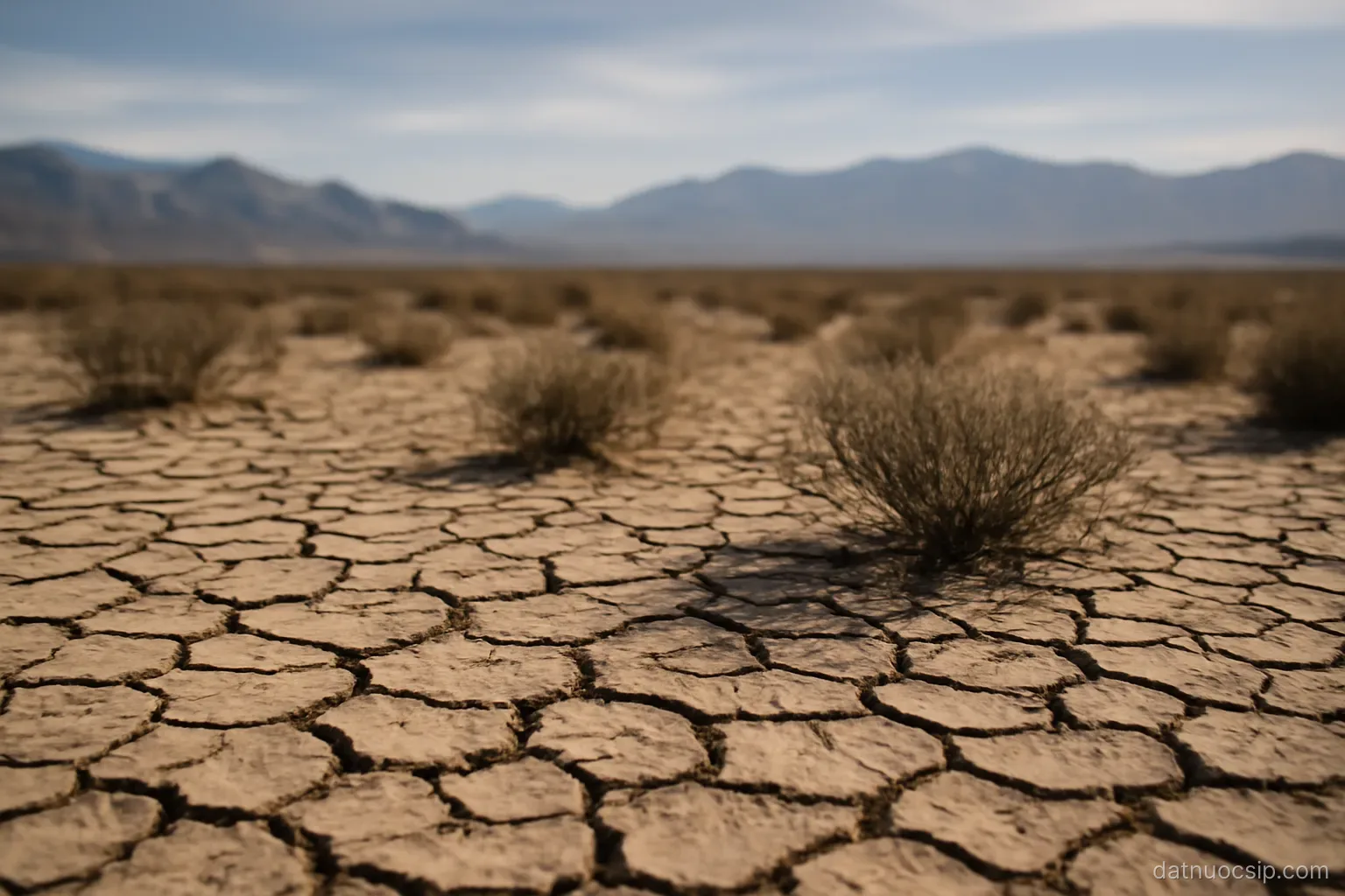 a dry riverbed with cracked earth and sparse shrubs, mountains in the far distance