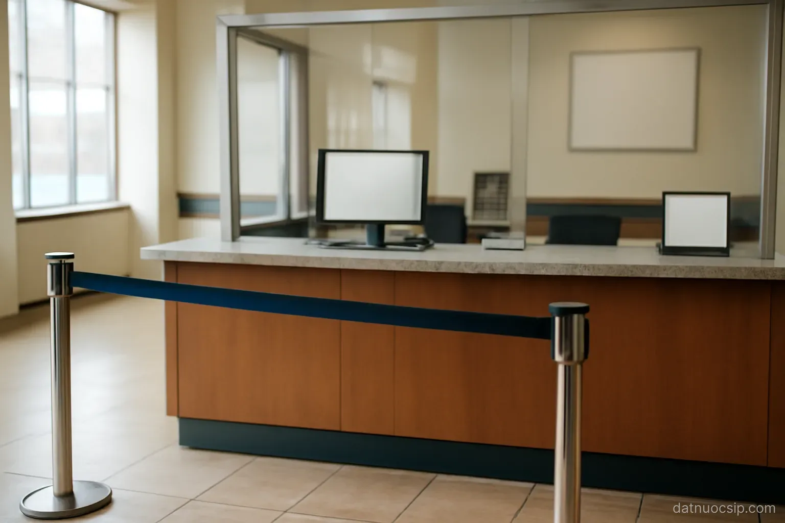 a bank branch interior with a closed teller window and a rope queue barrier