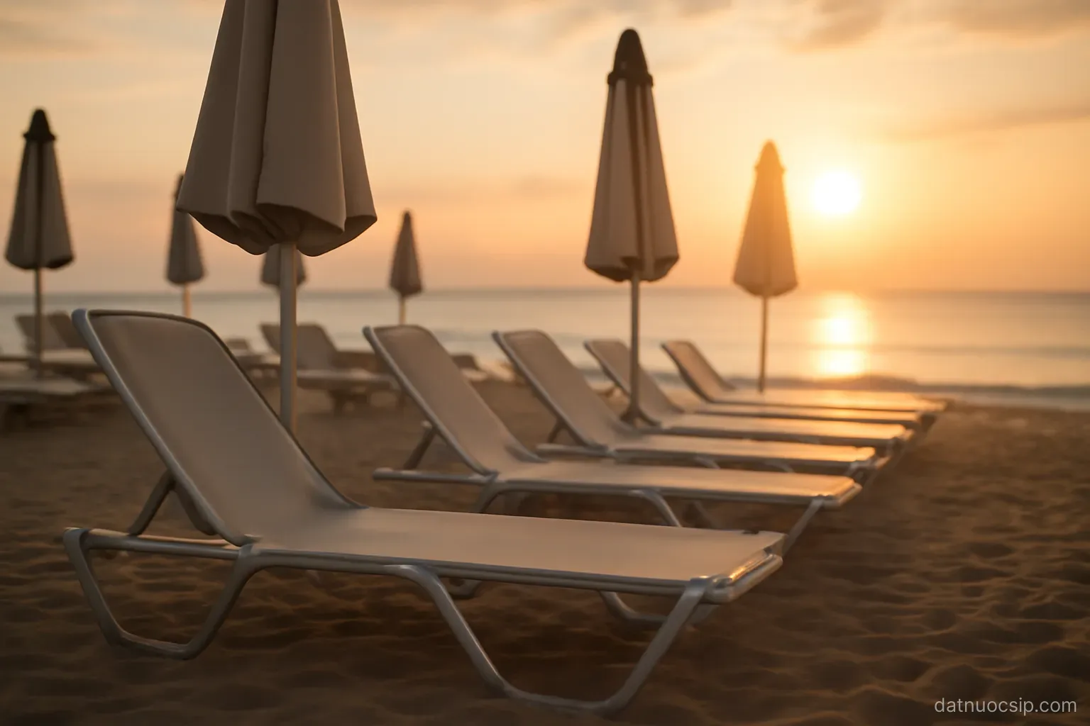 a row of empty sun loungers and folded parasols on a beach at sunrise