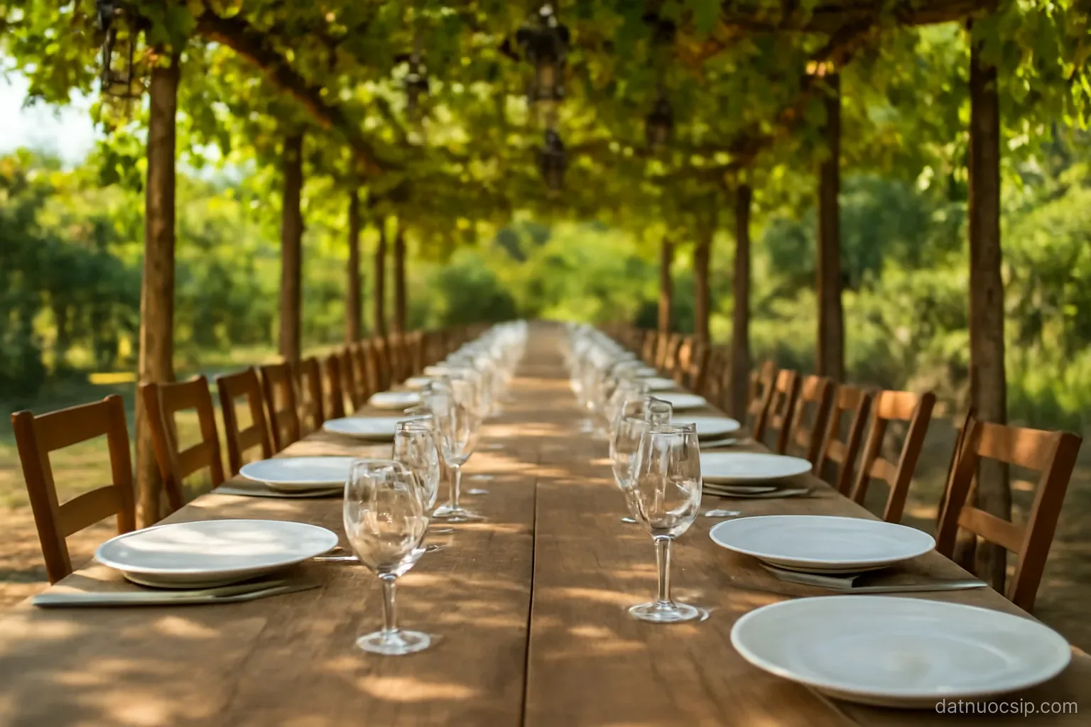 a long outdoor table under a grapevine pergola set for many people, plates and glasses