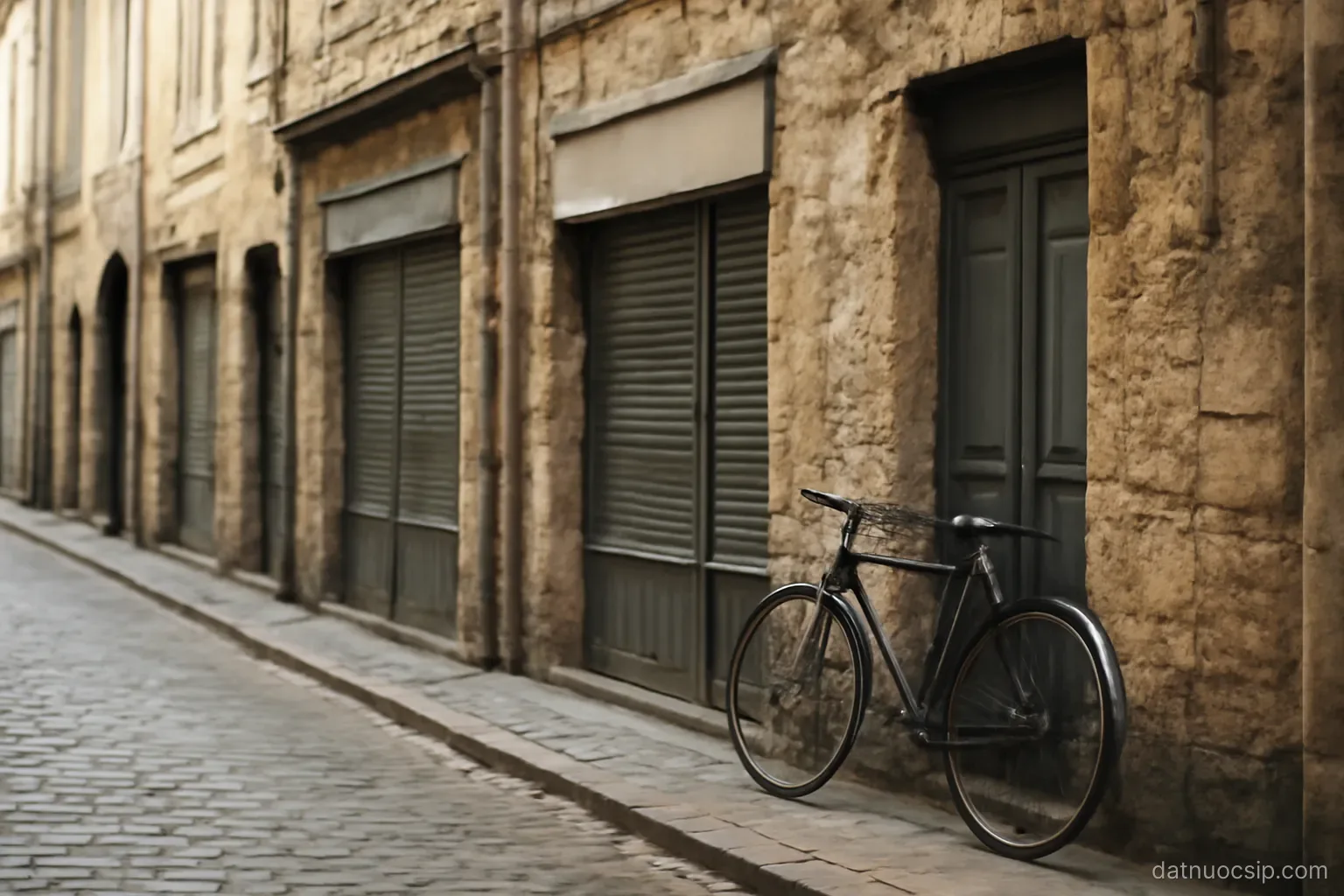 an old stone street with shuttered shopfronts and a bicycle leaning against a wall