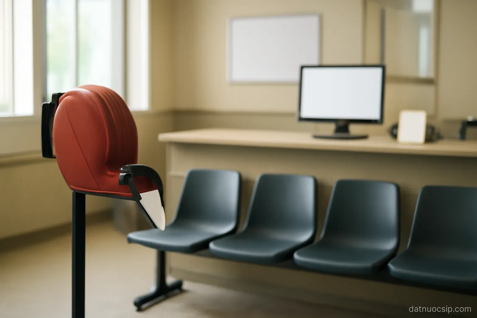 a public service counter with a numbered ticket dispenser and a row of waiting chairs