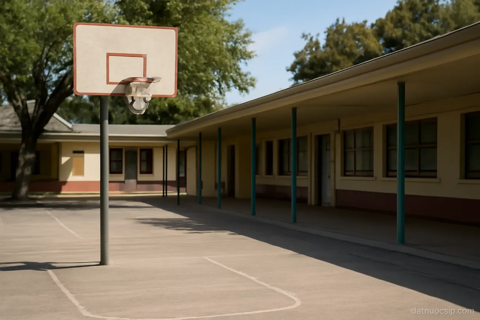 a school courtyard with a basketball hoop and a covered walkway, empty during holidays