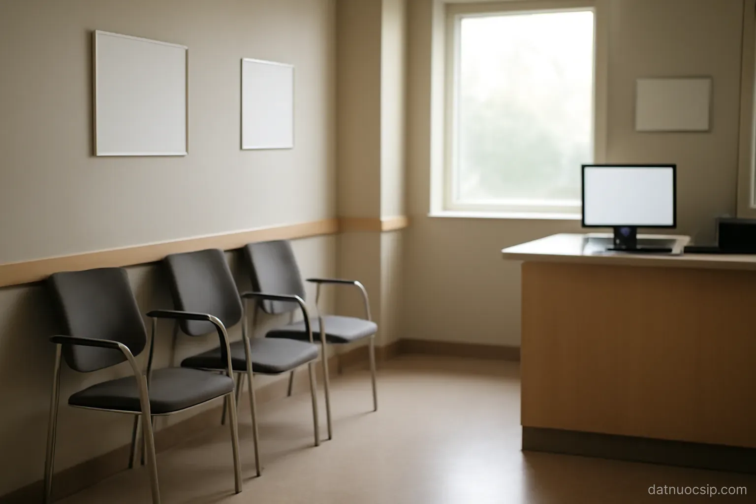 a doctors waiting room with chairs along a wall and a reception desk, soft daylight