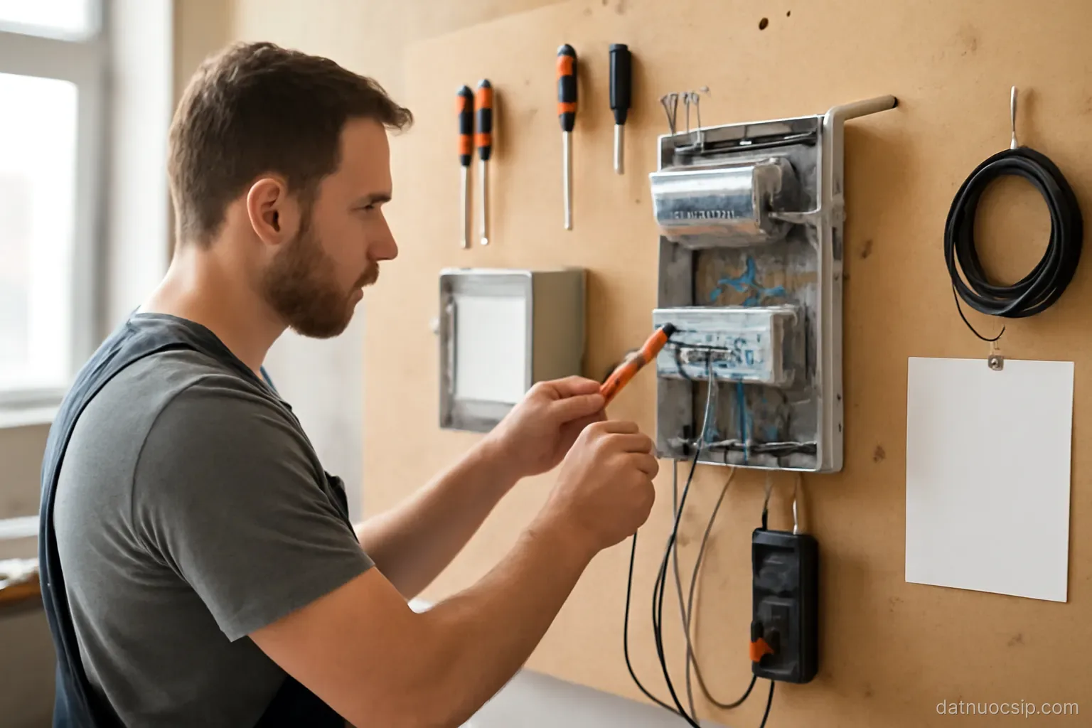 a training workshop with electrical panels and tools on a wall board, a trainee working