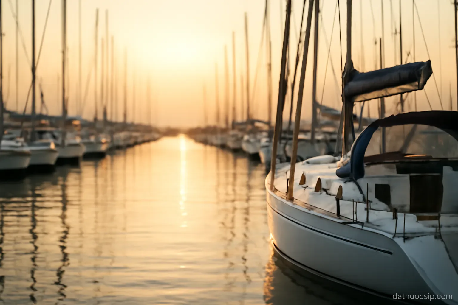 a marina with moored sailing boats and masts in rows, calm water at golden hour