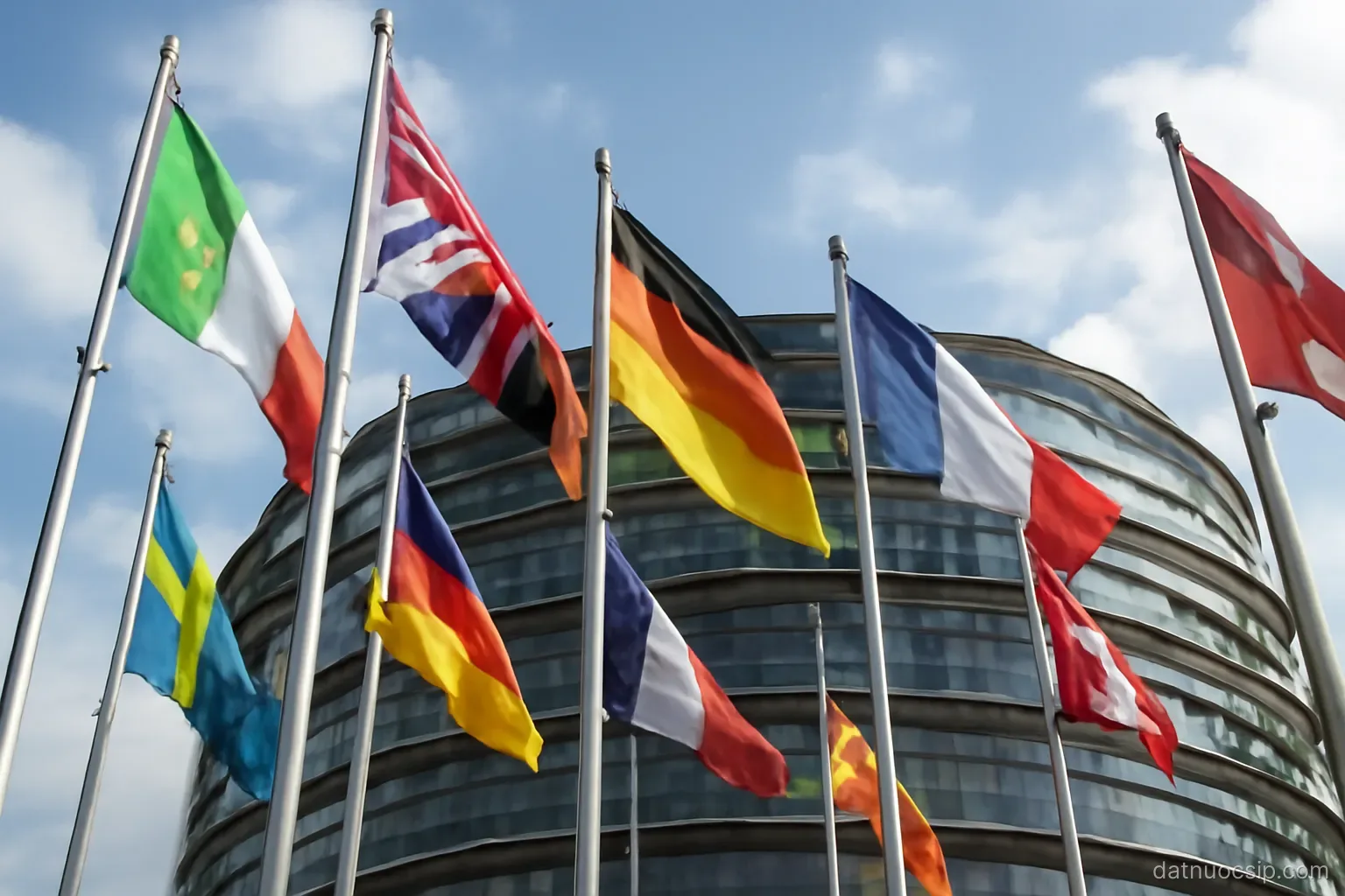 a circle of flags on poles in front of a modern building, seen from below against sky