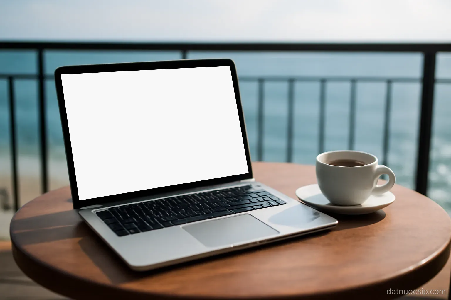 a laptop on a balcony table with a coffee cup, sea visible in the background, blurred