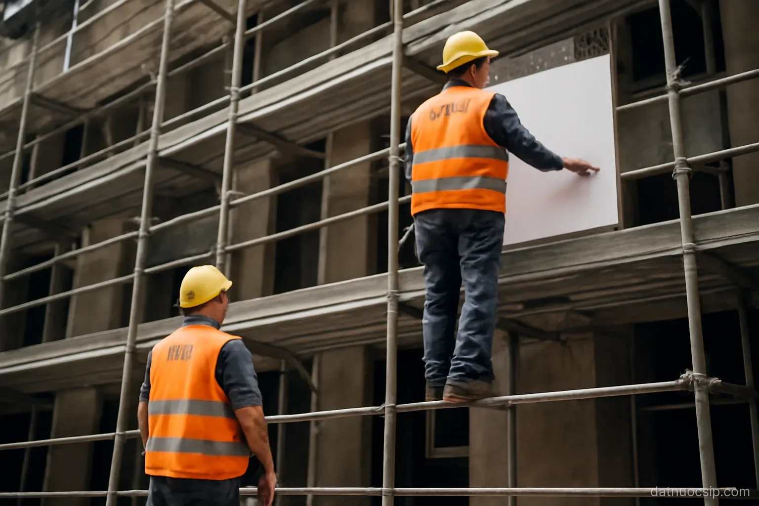 construction workers in high-visibility vests on scaffolding, seen from street level