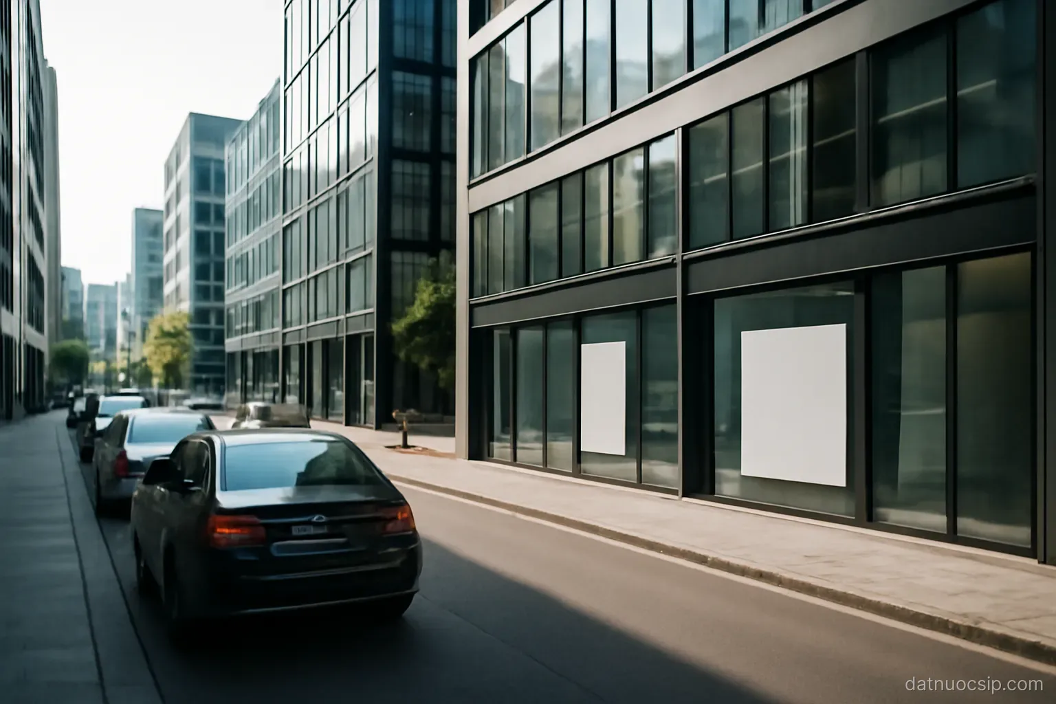 a business district street with glass office fronts and a few parked cars