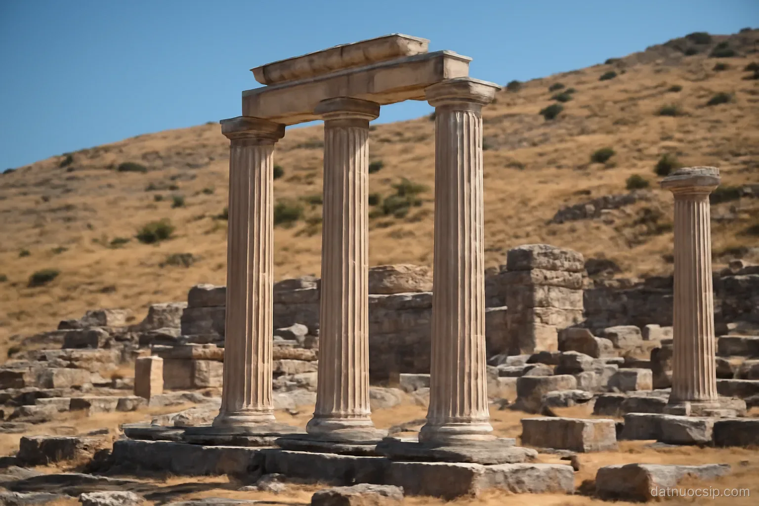 ancient stone ruins with fluted columns on a dry hillside under strong sunlight