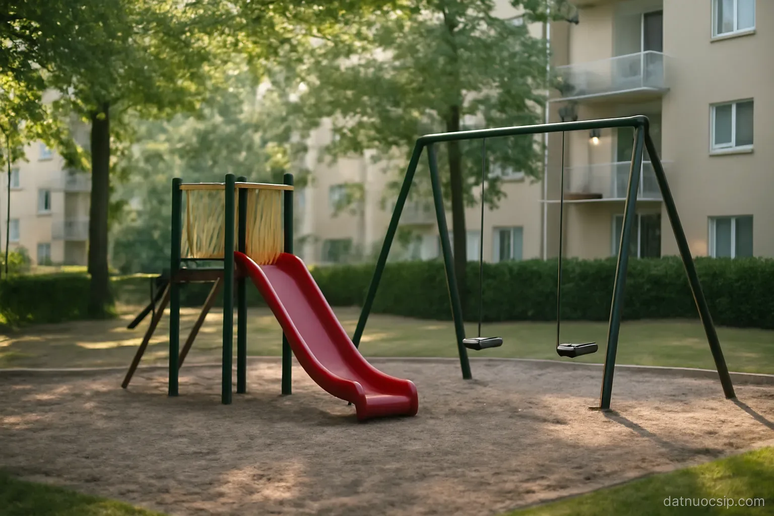a small playground with a slide and swings in a residential courtyard, morning shade