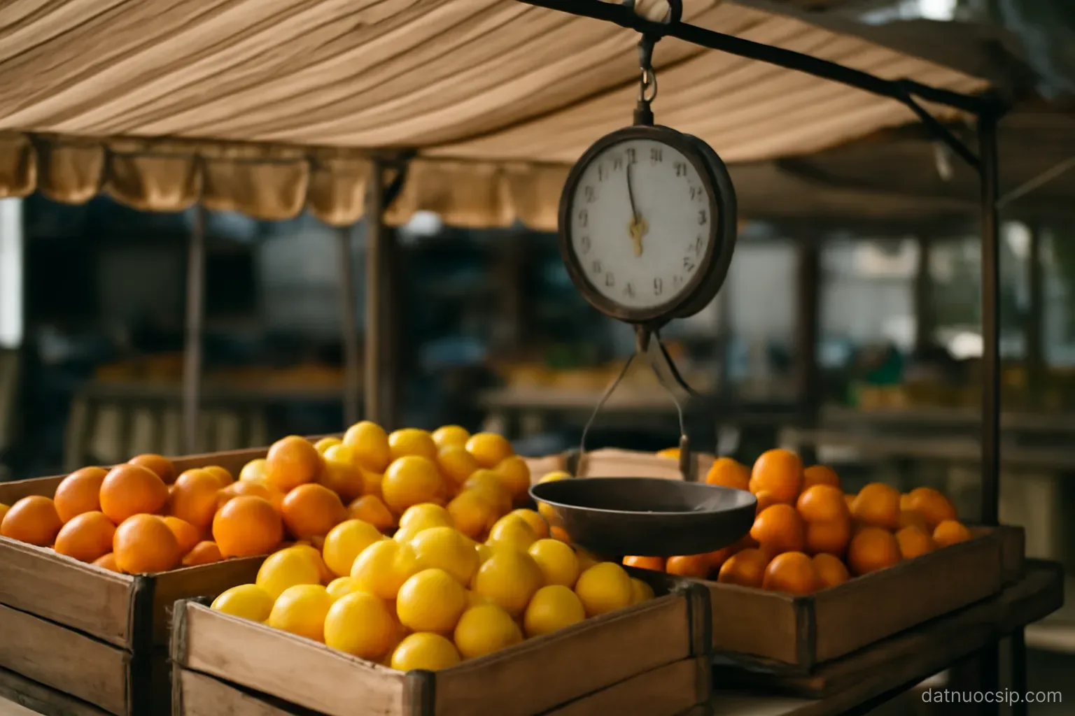 a market stall with crates of citrus fruit and a hanging scale, shaded by an awning