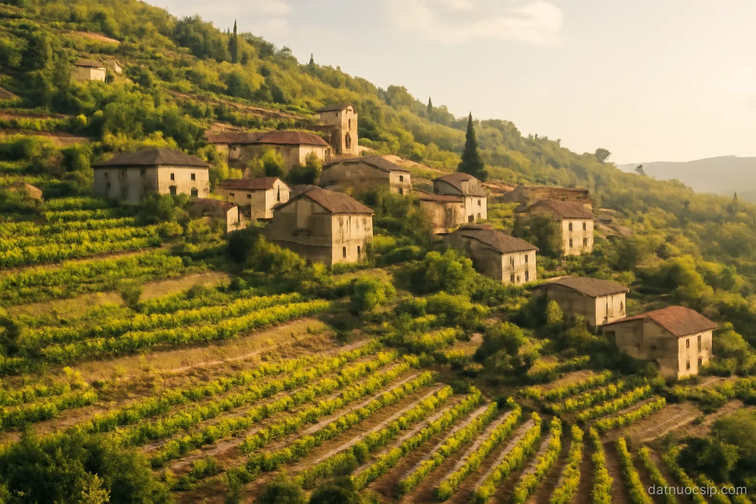 a hillside village with terraced vineyards and stone houses in the afternoon sun