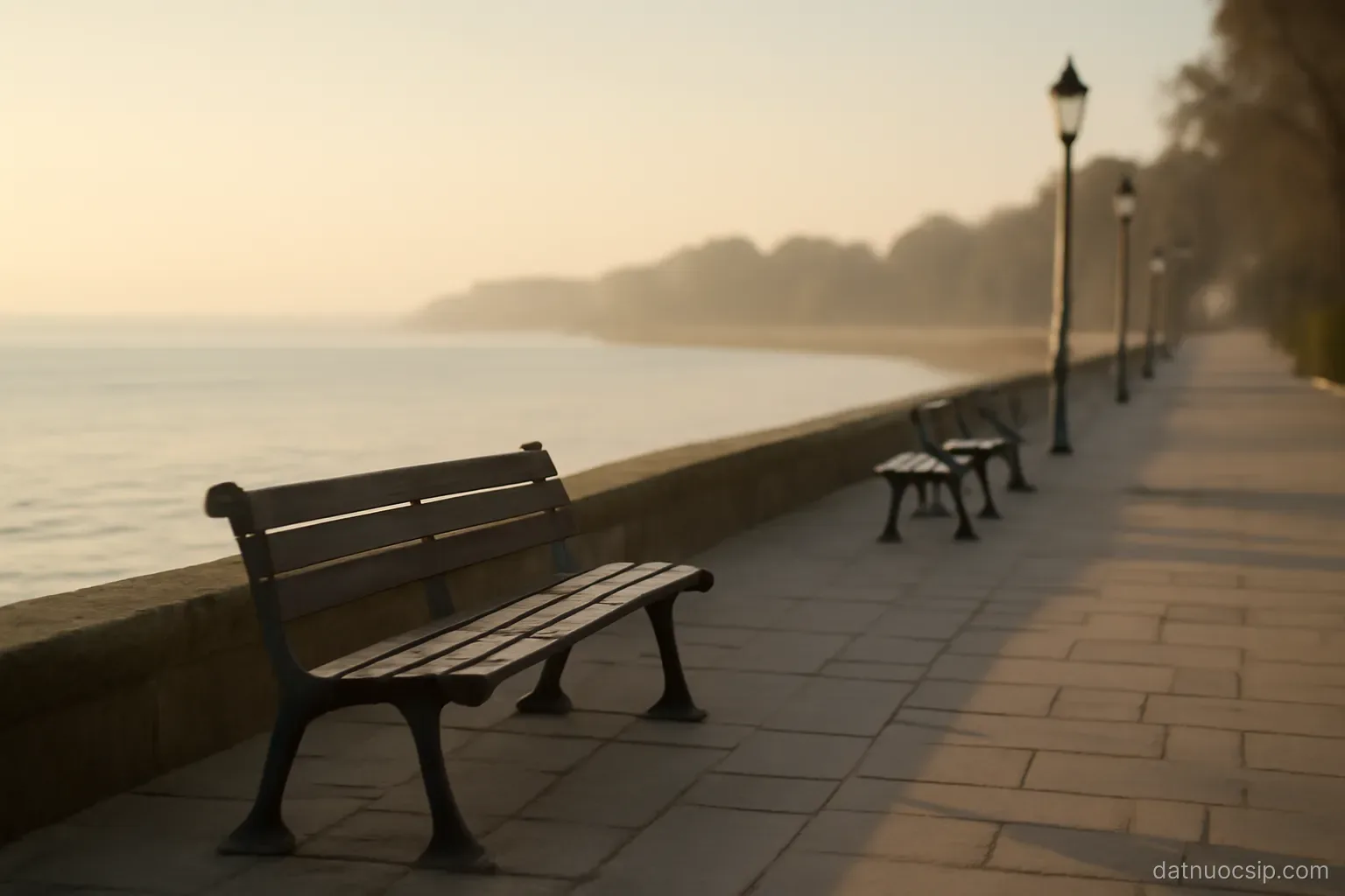 a quiet seaside promenade with benches facing the water in early morning light