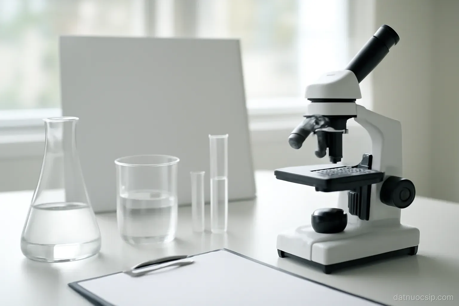 a laboratory bench with glassware and a microscope, no people, clean white surfaces