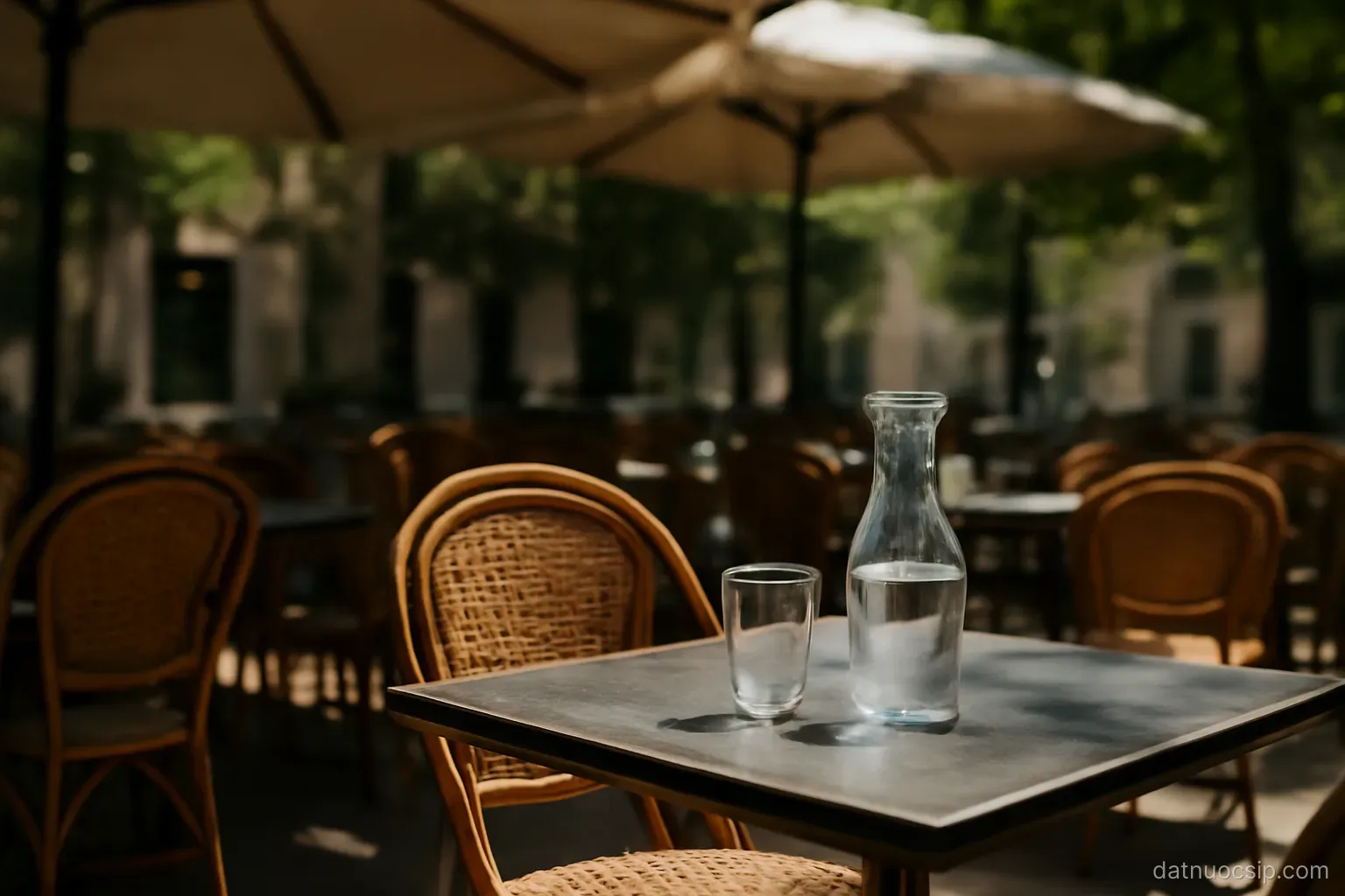 a shaded cafe terrace with empty wicker chairs and a water carafe on a table at midday