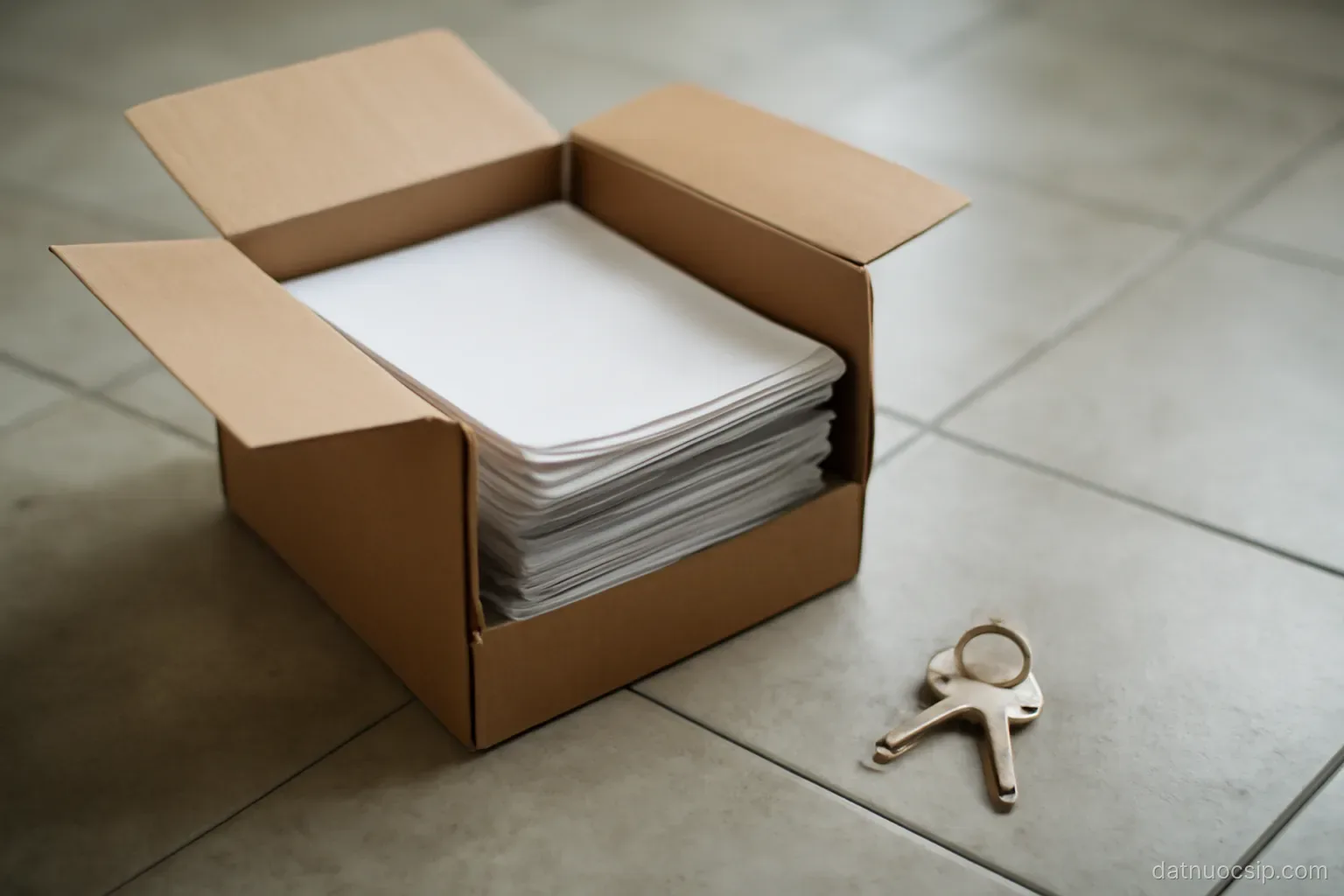 a cardboard box of documents left open on a tiled floor next to a set of keys