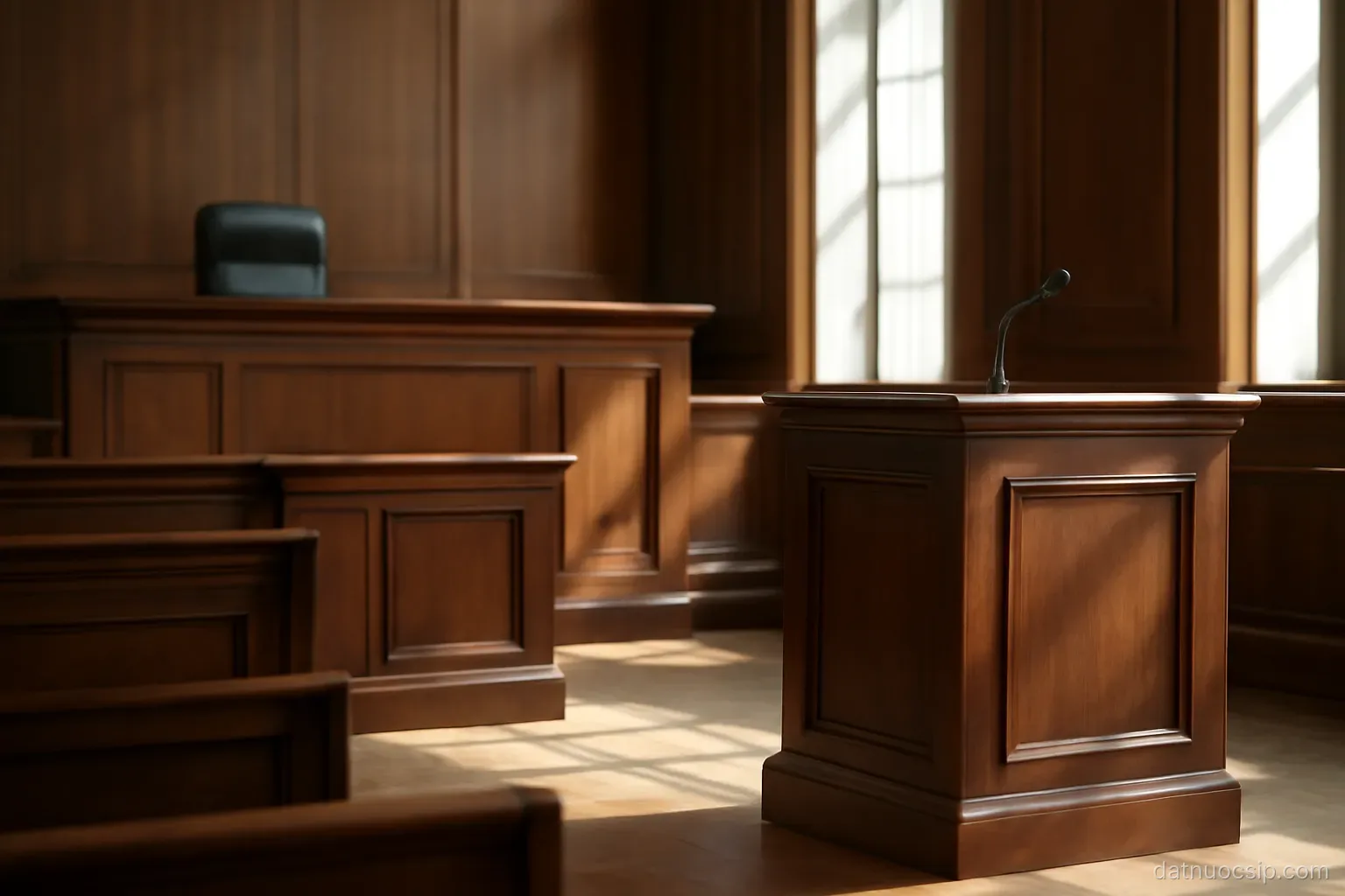 a wooden courtroom bench and witness stand in an empty hall, shafts of daylight