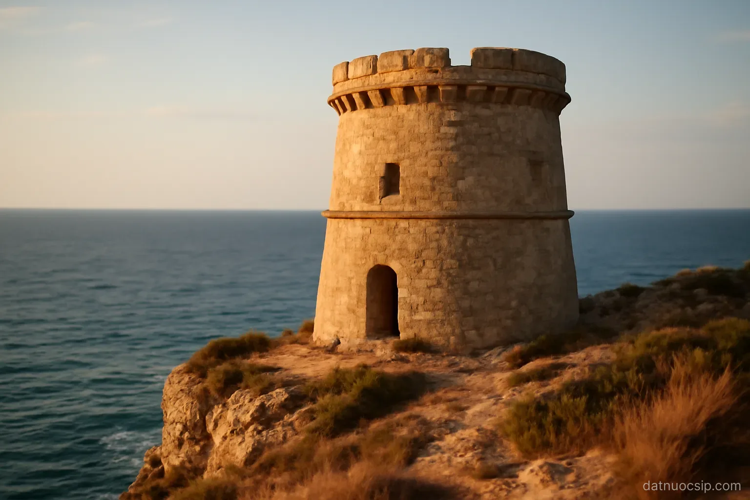 a coastal watchtower on a cliff with the sea beyond, late afternoon light