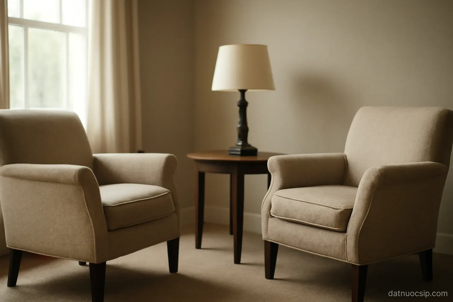 two empty armchairs facing each other in a quiet room with a side table and lamp