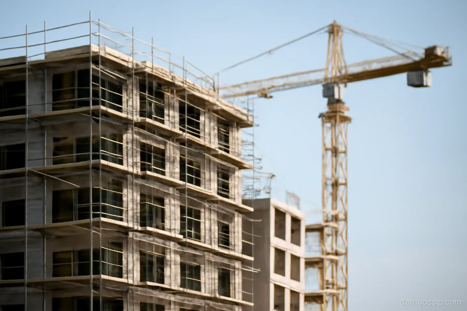 a half-built apartment block with scaffolding against a clear sky, crane in frame