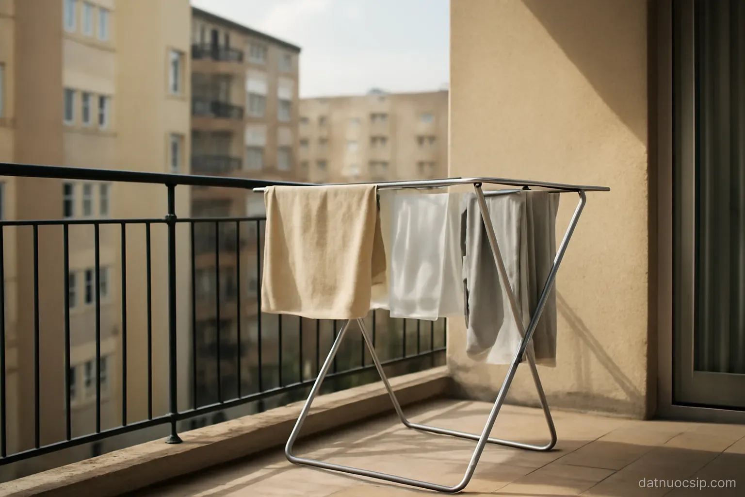 an apartment balcony with a drying rack and a view of neighbouring buildings