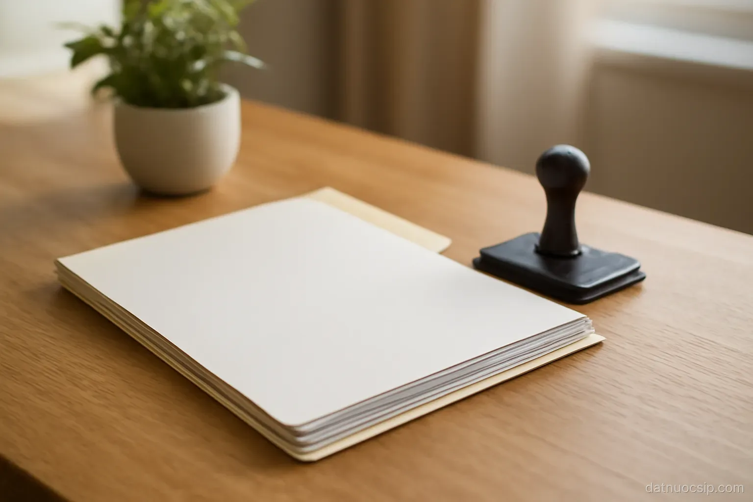 a desk with a folder of documents, a stamp and an inkpad beside a small plant
