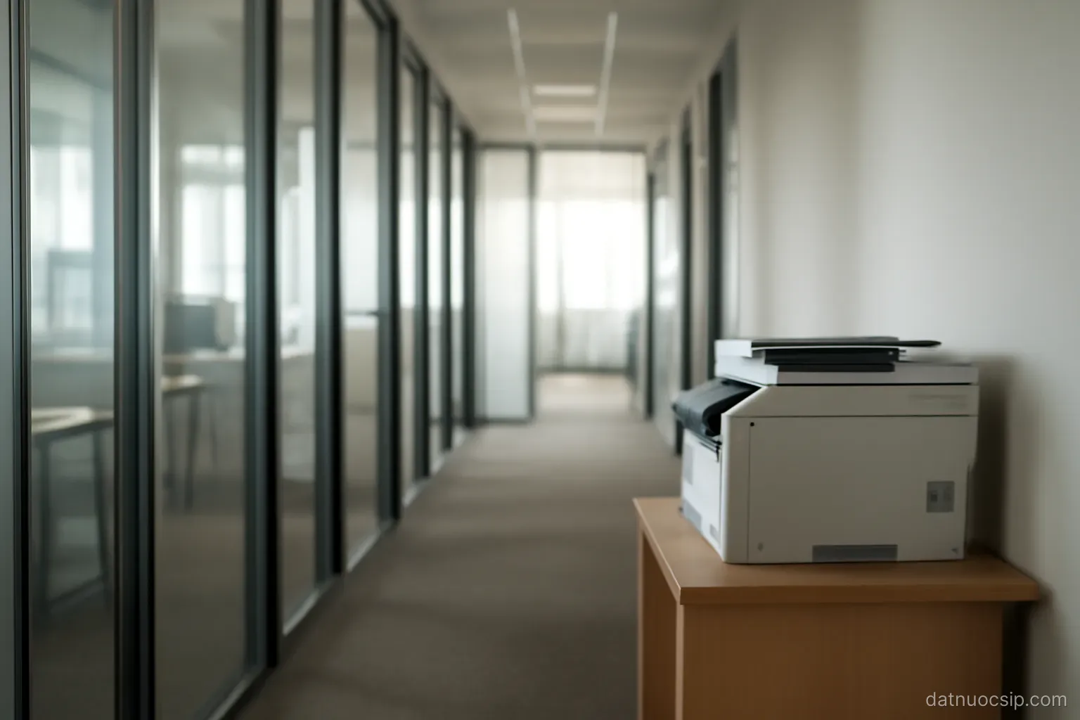 an office corridor with glass partitions and a printer on a side table, quiet afternoon