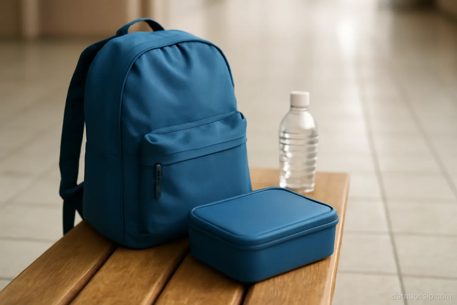 a school backpack and lunch box on a bench beside a water bottle, tiled floor