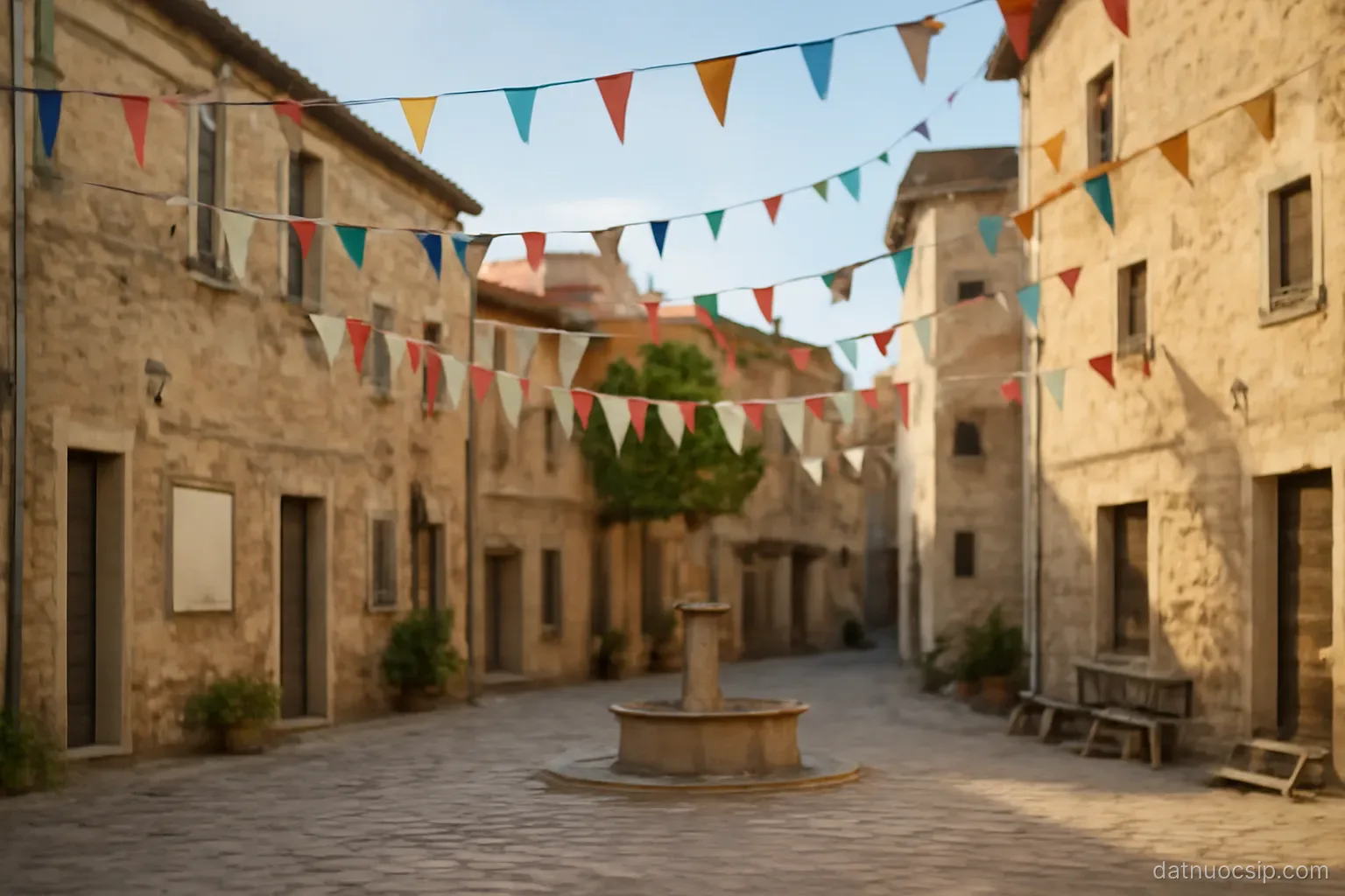 a village square decorated with strings of small flags and bunting, no people yet