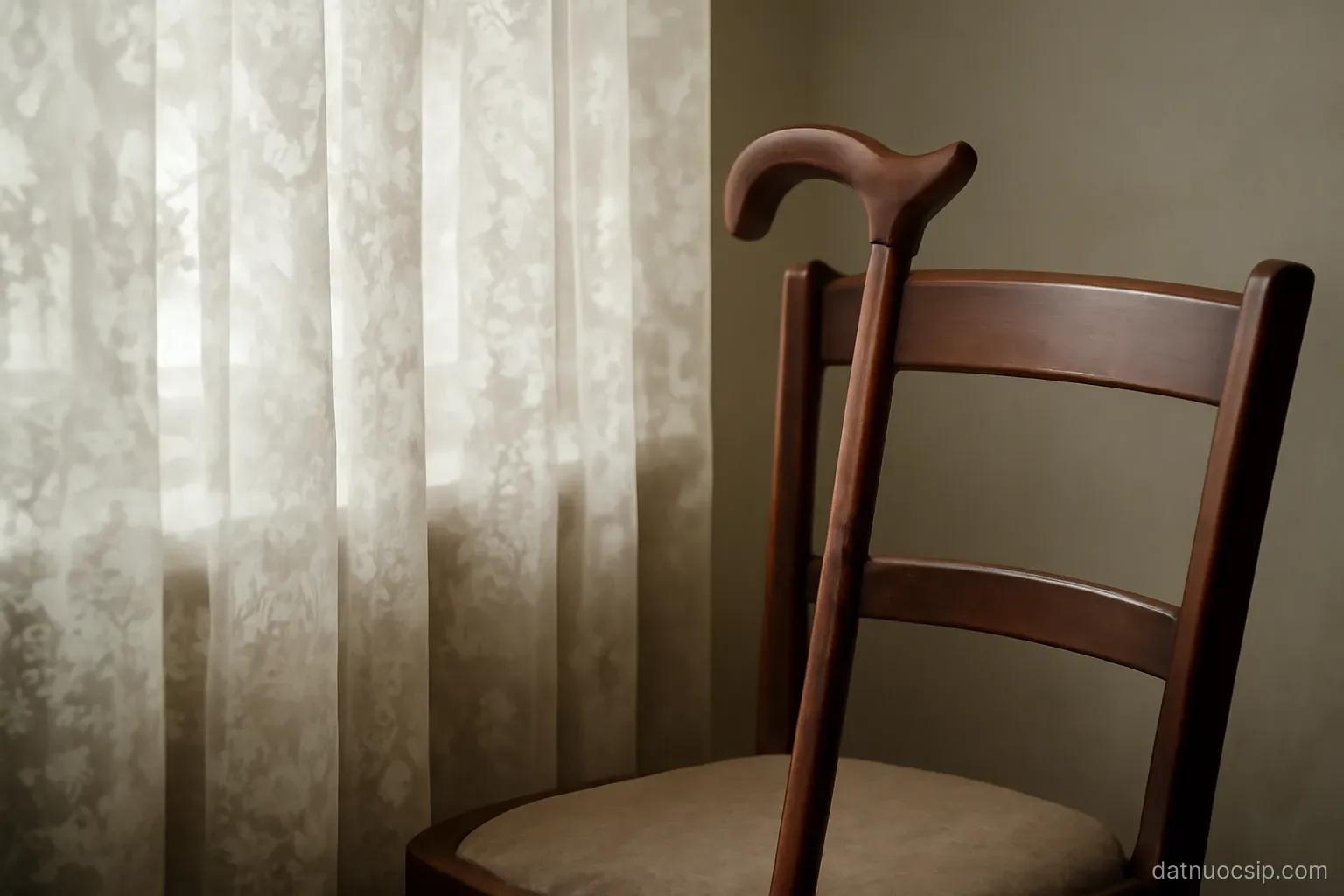 a walking stick leaning against a chair beside a window with lace curtains