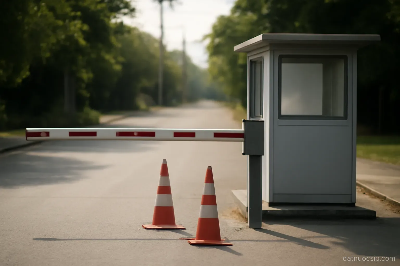 a checkpoint barrier on a quiet street with a small booth and traffic cones