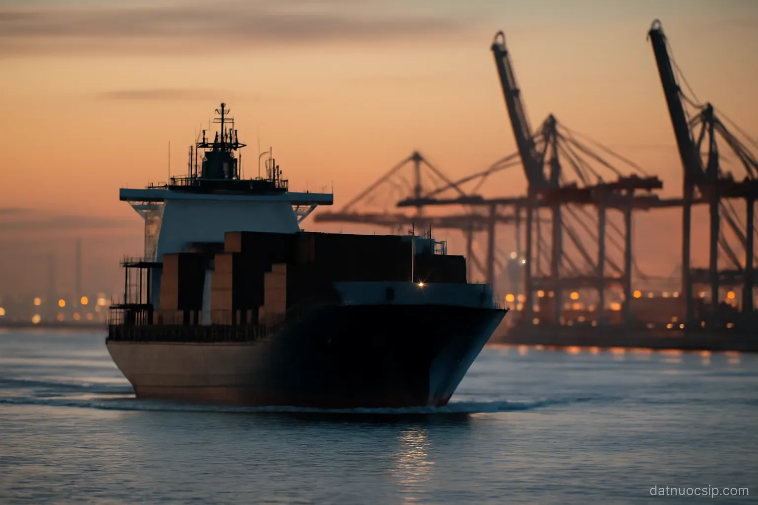 a cargo ship leaving a port at dusk with harbour cranes silhouetted behind