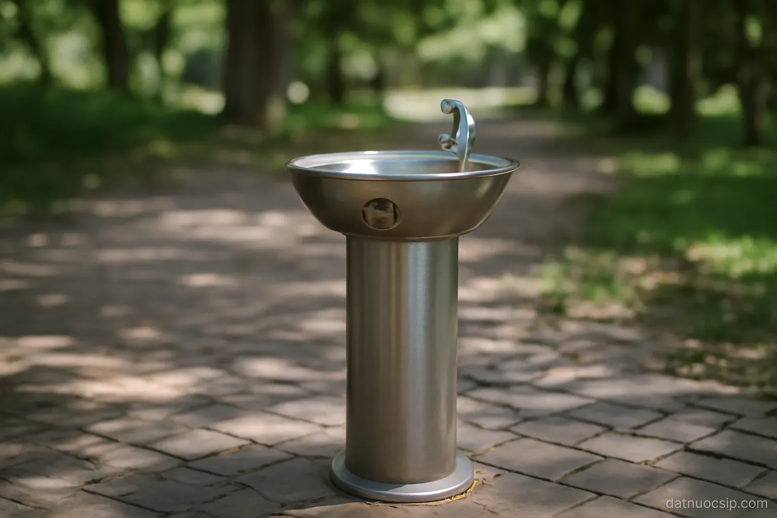 a public drinking fountain in a shaded park with stone paving around it